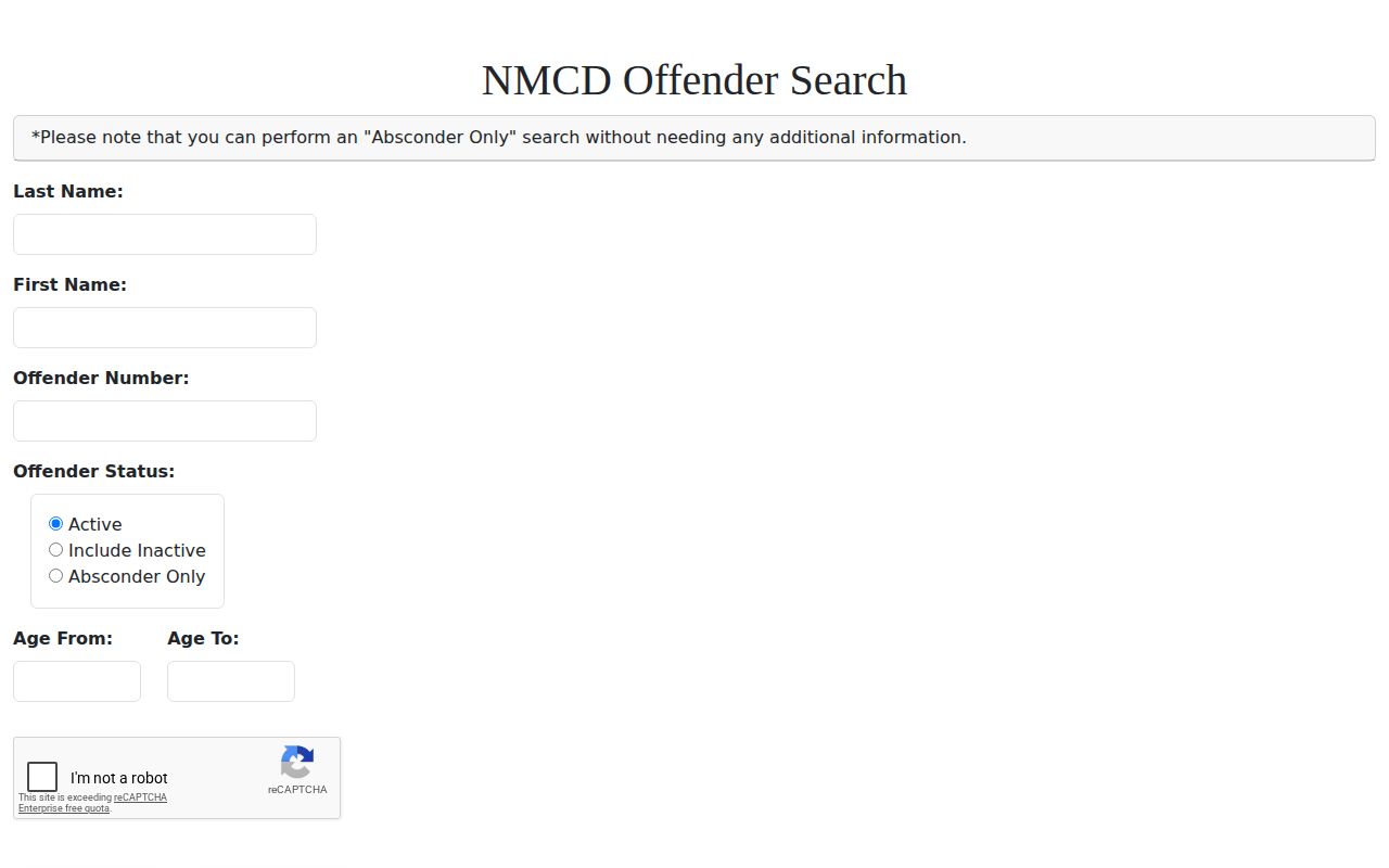 NMCD Taos County released inmate search fields