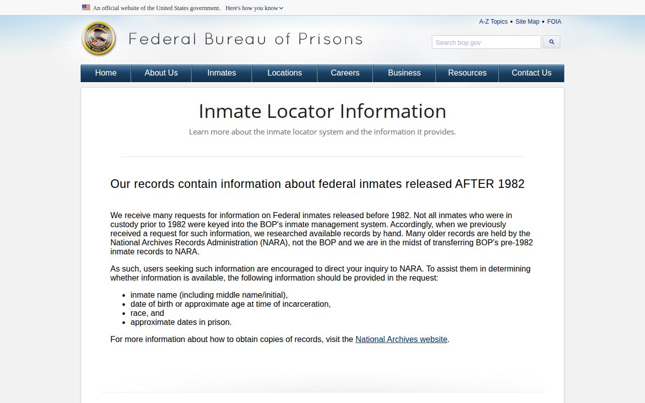 BOP federal release record explanation for a Taos County custody search