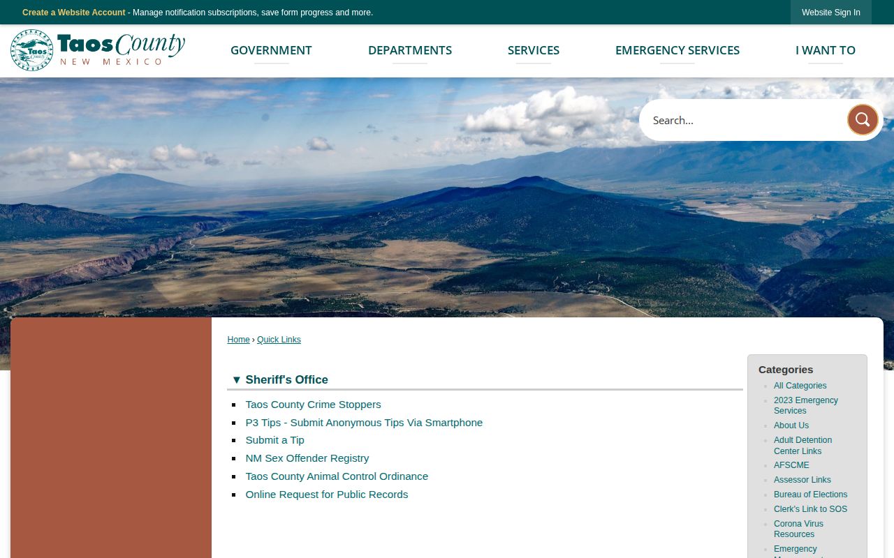 Taos County Sheriff quick links reviewed for 24-hour release posts and a jail app